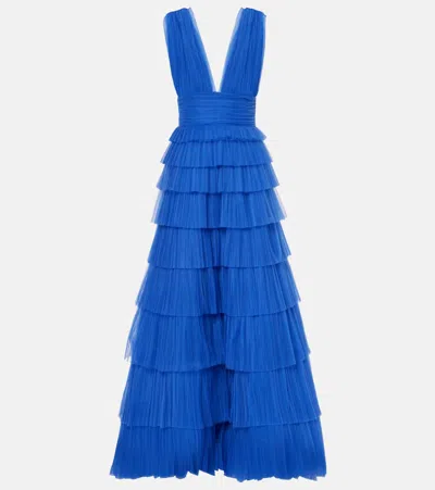 Costarellos Zeferra Plissé Tiered Tulle Gown In Blue