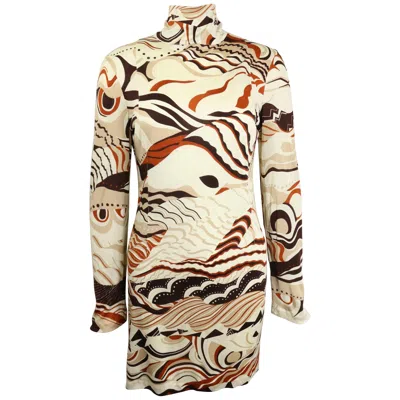 Pre-owned Costume National Beige Retro Wave Pattern Long Sleeves Dress In Brown