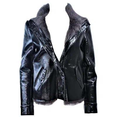 Pre-owned Costume National Black Patent Leather Grey Goat Jacket Size 6 8 In Gray