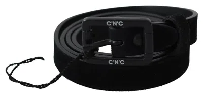 Costume National Black Leather Velvet Square Buckle Waist