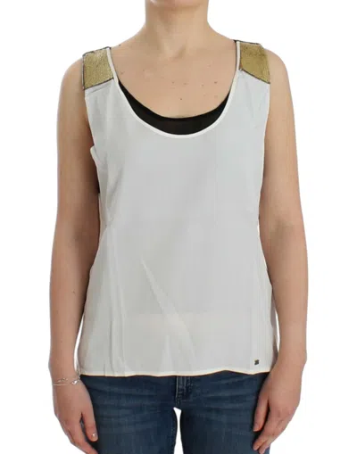 Costume National Elegant Monochrome Sleeveless Top With Gold Accents In White