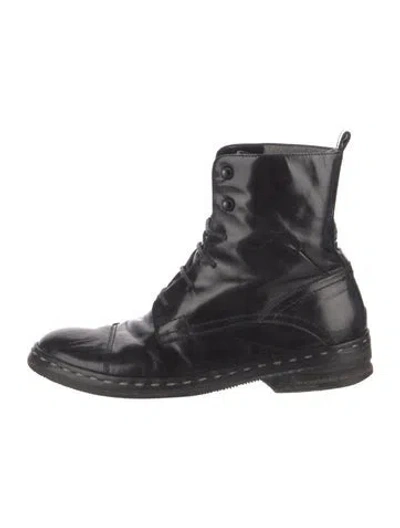 Pre-owned Costume National Patent Leather Animal Print Combat Boots In Black