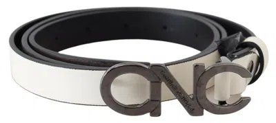 Costume National Women's Mettalic Gray Leather Logo Women's Belt In White