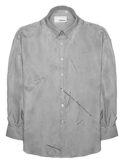 Costumein Long-sleeved Grey Silk Shirt With Abstract Patterns In Multi