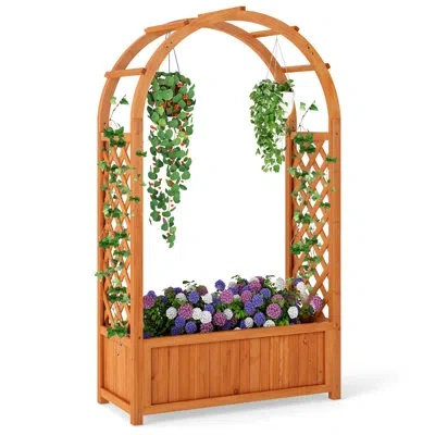 Costway 1 Pcs Raised Garden Bed Wooden Elevated Planter Box With Lattice Trellis & Ached Roof In Reddish Brown