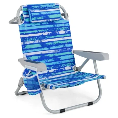 Costway 1 Piece Foldable Backpack Beach Chair With Cup Holder And Storage Pockets For Outdoor-navy In Blue