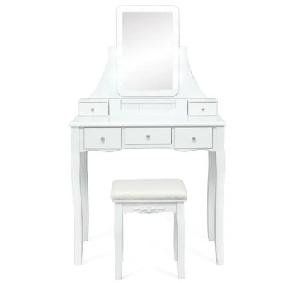Costway 10 Dimmable Light Bulbs Vanity Dressing Table With 2 Dividers And Cushioned Stool-white