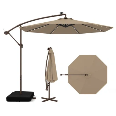Costway 10 Feet Cantilever Umbrella With 32 Led Lights And Solar Panel Batteries-tan In Brown