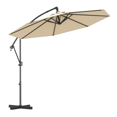 Costway 10 Feet Offset Hanging Umbrella With Base And Infinite Tilt-beige In Transparent