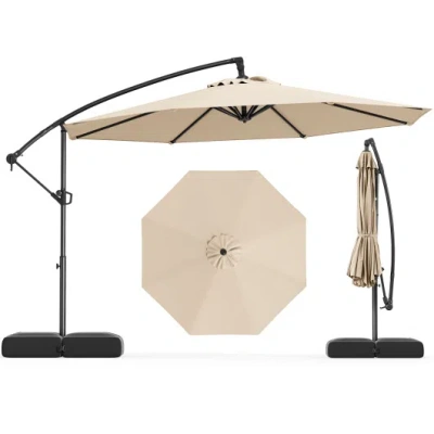 Costway 10 Feet Offset Hanging Umbrella With Base Patio Cantilever Umbrella With Tilt-beige