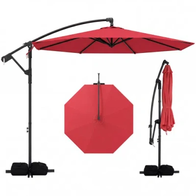 Costway 10 Feet Offset Hanging Umbrella With Base Patio Cantilever Umbrella With Tilt-red In Transparent