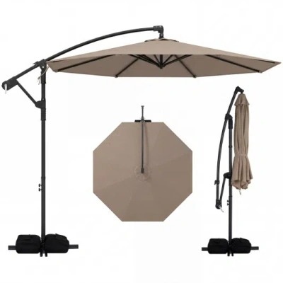 Costway 10 Feet Offset Hanging Umbrella With Base Patio Cantilever Umbrella With Tilt-taupe In Brown