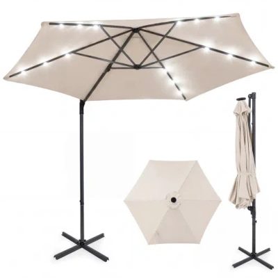 Costway 10 Feet Patio Cantilever Umbrella With Solar Led Lights-beige In Multi