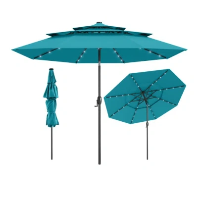 Costway 10 Feet Solar Patio Umbrella With 32 Led Lights 3-tier Vented Top-turquoise In Blue
