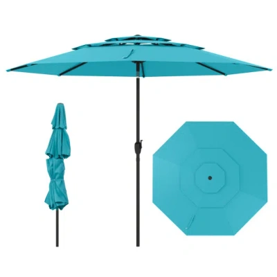 Costway 10 Ft 3-tier Vented Patio Umbrella With Push Button Tilt-green In Blue
