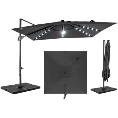 Costway 10 Ft Cantilever Patio Umbrella With 32 Solar Led Lights And 220 Lbs Base-gray In Black