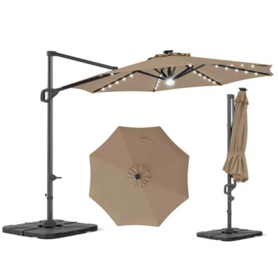 Costway 10 Ft Cantilever Patio Umbrella With 35 Solar Led Lights And 220 Lbs Base-brown