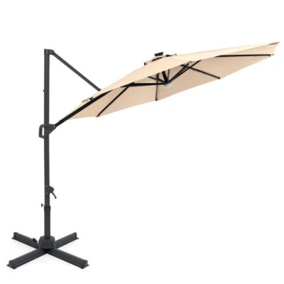 Costway 10 Ft Cantilever Patio Umbrella With Solar Led Lights 360° Rotation-beige In Multi
