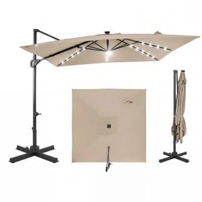 Costway 10 Ft Cantilever Patio Umbrella With Solar Led Lights For Pool And Garden-beige In Animal Print