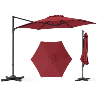 Costway 10 Ft Patio Cantilever Umbrella With 360° Rotation And Air Vent For Backyard And Poolside-wine In Transparent