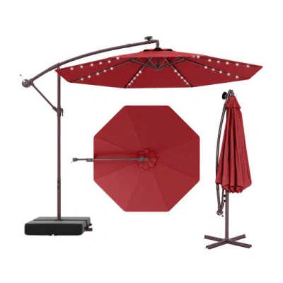 Costway 10 Ft Patio Umbrella Offset Cantilever Umbrella With 40 Solar Powered Lights-red