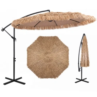 Costway 10 Ft Solar Thatched Cantilever Umbrella With 12 Modes And Crank Lift-brown