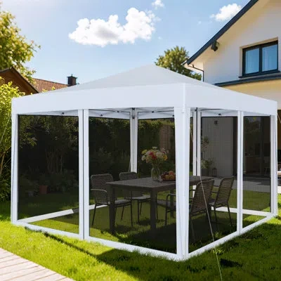 Costway 10 Ft X 10 Ft Pop-up Canopy Tent With Mesh Netting, Carry Bag, 8 Stakes & 4 Ropes Brown In White