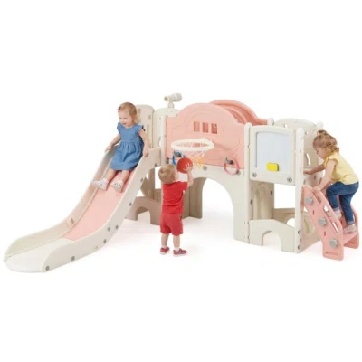 Costway 10 In 1 Toddler Slide Set Kids Slide And Climber Playset Indoor Playground-pink In Multi
