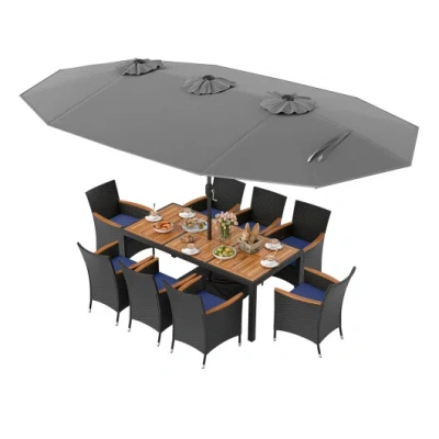 Costway 10 Piece Outdoor Patio Dining Set With 15 Feet Double-sided Twin Umbrella-gray In Transparent