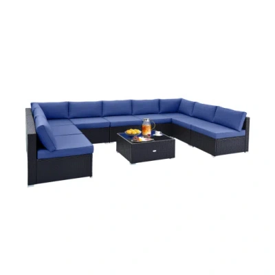 Costway 10 Piece Outdoor Wicker Conversation Set With Seat And Back Cushions-navy In Blue