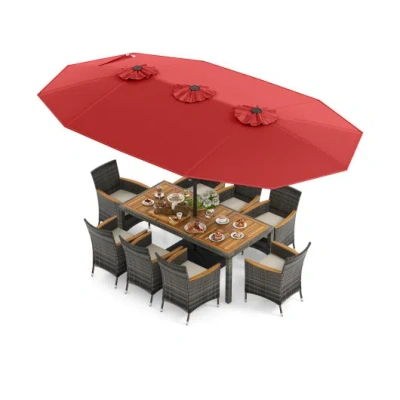 Costway 10 Pieces Patio Wicker Dining Set With 15 Feet Double-sided Patio Umbrella-red