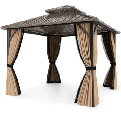 Costway 10 X 10 Feet Hardtop Gazebo With Netting And Curtain And Double-roof Galvanized Metal Top In Brown