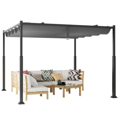 Costway 10 X 10 Feet Outdoor Pergola With Retractable Canopy And Metal Columns-gray In Black