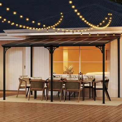 Costway 10' X 13' Wall-mounted Patio Gazebo With  Sloped Polycarbonate Roof Metal Frame In Black