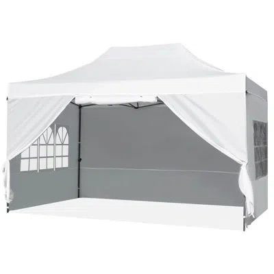 Costway 10 X 14 Ft Pop Up Canopy Tent With 4 Sidewalls, Wheeled Bag, 4 Sandbags, 8 Stakes White