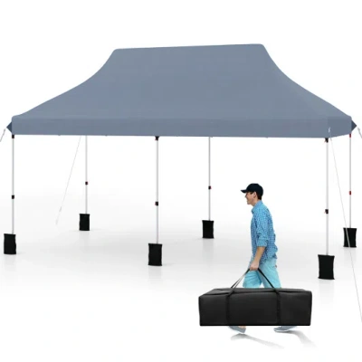 Costway 10 X 20 Ft Pop Up Canopy Tent Foldable Portable Outdoor Gazebo With Carry Bag-gray In Multi
