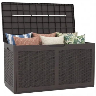 Costway 100 Gallon Resin Deck Box Outdoor Waterproof Storage Bench-brown