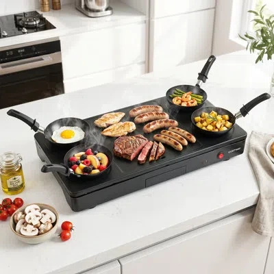 Costway 1000w Electric Grill Griddle Raclette Table Grill With 4 Nonstick Woks & Wooden Spatulas In Black