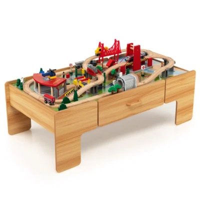 Costway 100-piece Double-sided Wooden Train Set Table With Storage Drawer For Kids Age 3 + In Multi
