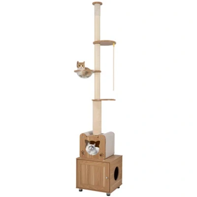 Costway 101 Inch Floor To Ceiling Cat Tree Height Adjustable With Litter Box Enclosure-brown