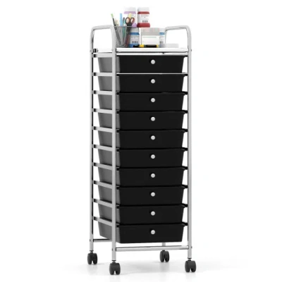 Costway 10-drawer Rolling Storage Cart With Metal Frame And Lockable Universal Wheels-black