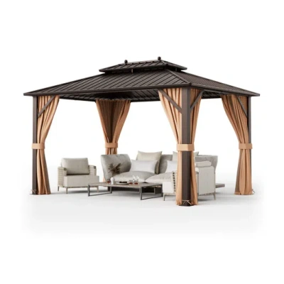 Costway 10x13ft Double-roof Patio Hardtop Gazebo With Galvanized Steel Roof Netting And Curtains-coffee In Brown