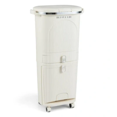 Costway 11 Gallon 3-layer Kitchen Trash Can With Lid And 2 Removable Buckets-beige In White
