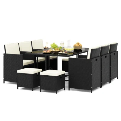 Costway 11 Piece Patio Dining Set Wicker Chairs And Tempered Glass Table With Waterproof Cushions-black & Wh