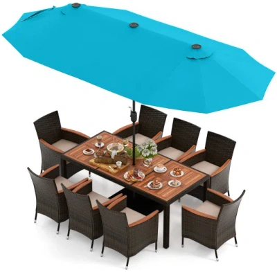 Costway 11 Pieces Patio Dining Set 15ft Double-sided Patio Umbrella (base Included) And Outdoor Rattan Furni In Green