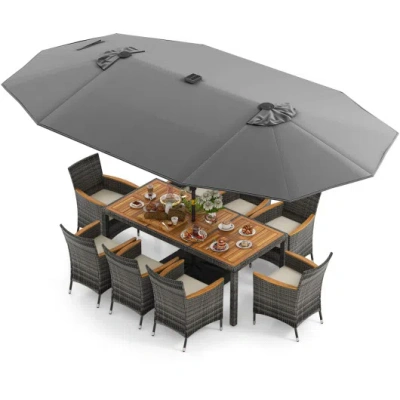 Costway 11 Pieces Patio Dining Set With 15 Feet Double-sided Patio Umbrella Base Included-gray In Neutral