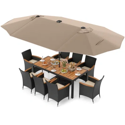 Costway 11 Pieces Patio Dining Set With Led Patio Umbrella With Base And Seat Cushions (beige)-coffee In Multi