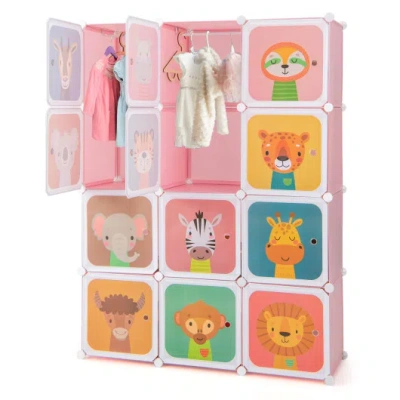 Costway 12 Cube Kids Wardrobe Closet With Hanging Section And Doors-pink In Multi