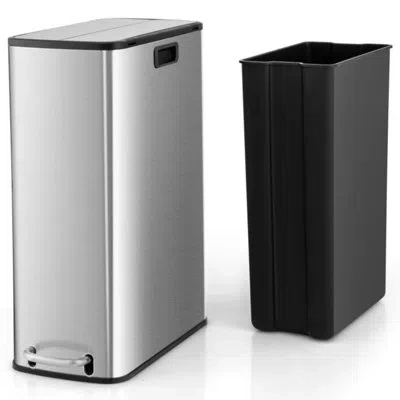 Costway 12 Gallon Wings Open Lid Trash Can With Soft-closing Lids & Removable Inner Bucket In Black;silver