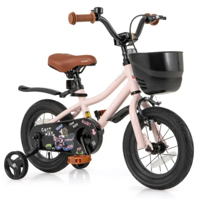 Costway 12 Inch Kids Bike With Helmet Protective Set Black & Pink In Multi